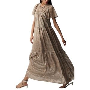 Anthropologie Silver & Gold Metallic Plissé Tiered Maxi Dress - Size M